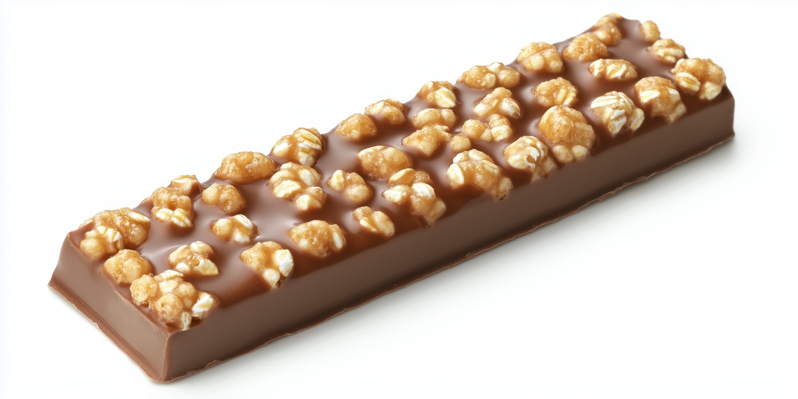 Chocolate candy bar with crispy texture and caramel coating displayed against a plain background in a bright setting